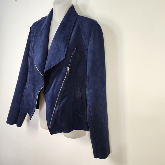Tahari Draped Faux Leather Moto Jacket Womens Small Blue Asymmetrical Zip Career - Picture 5 of 13